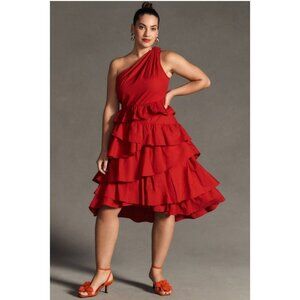 Anthropologie Dress One Shoulder Tiered Midi Red Ruffle Cotton  Plus 22W